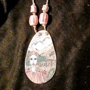 Caribbean scene, ceramic art piece necklace